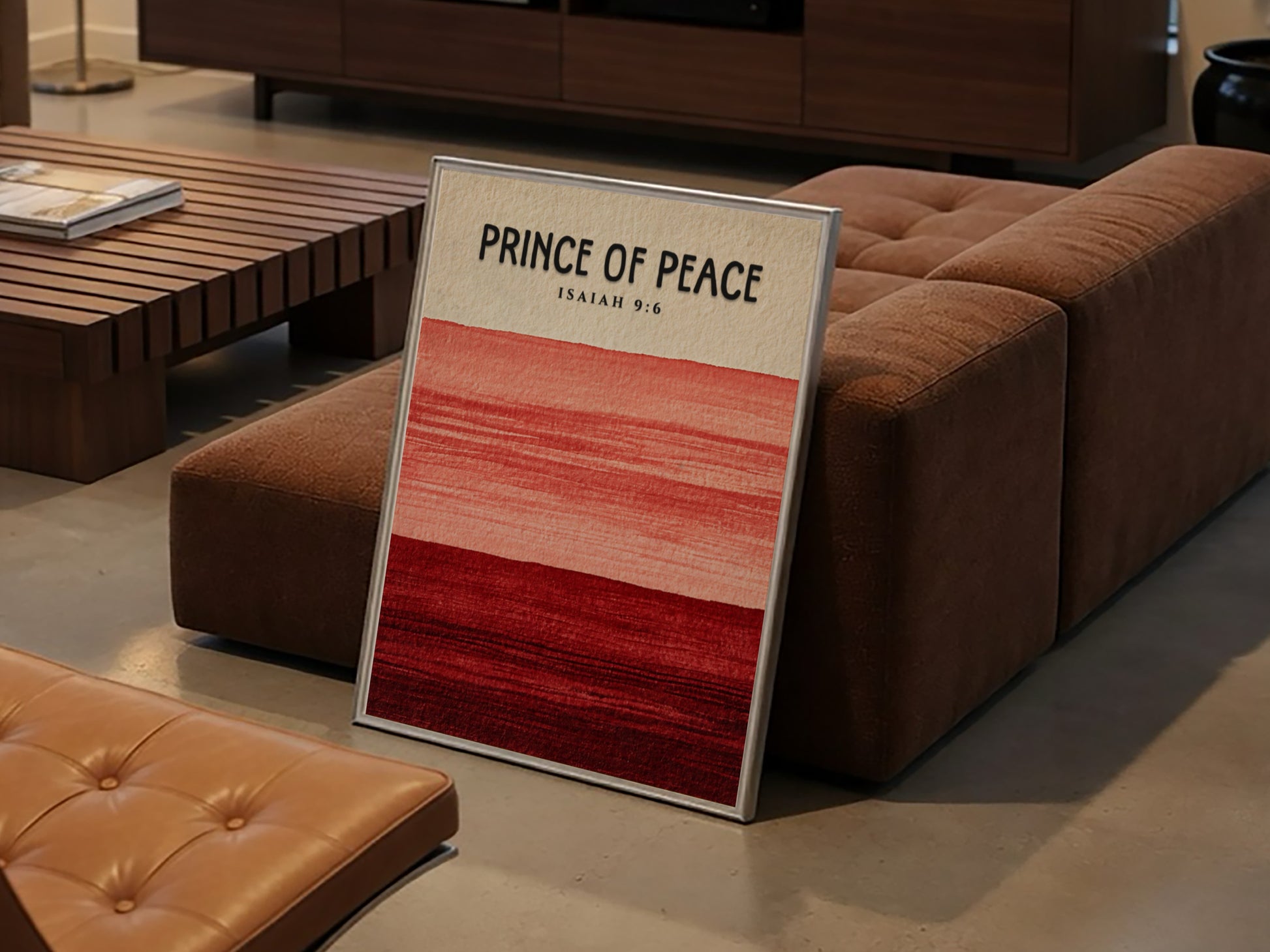 Prince of Peace poster with red gradient colors and Isaiah 9:6 verse, inspirational wall art
