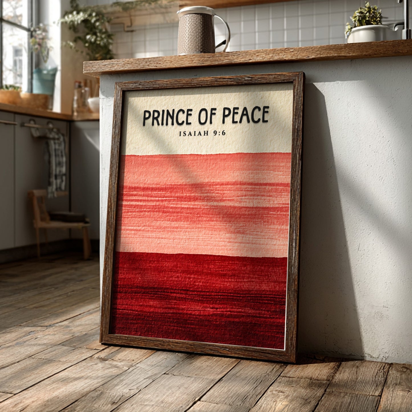 Prince of Peace poster with red gradient colors and Isaiah 9:6 verse, inspirational wall art
