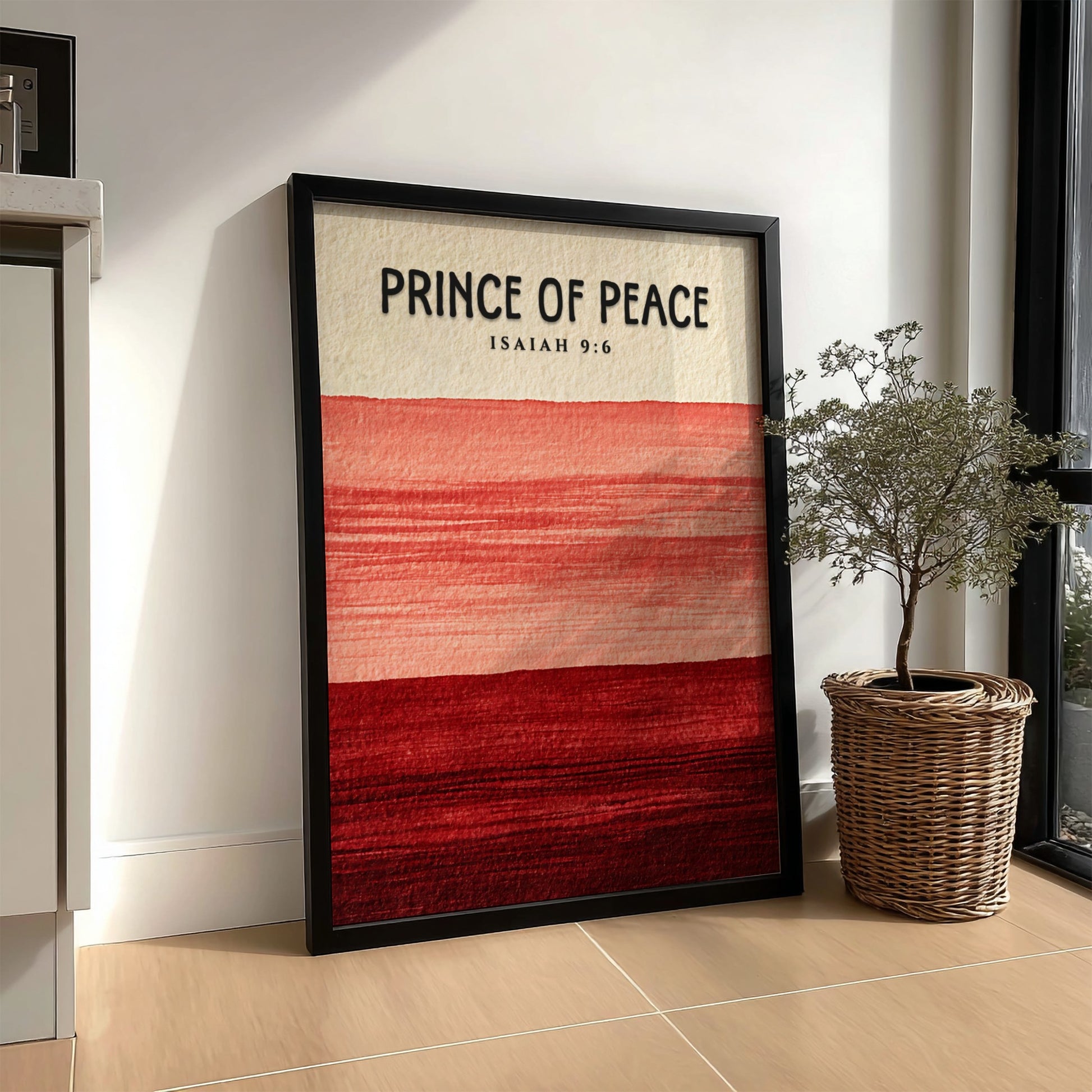 Prince of Peace poster with red gradient colors and Isaiah 9:6 verse, inspirational wall art