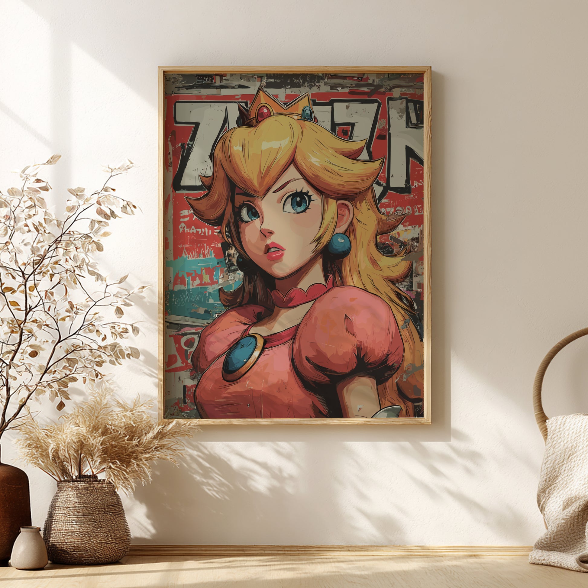 Framed artwork of Princess Peach character on a wall with decorative elements.
