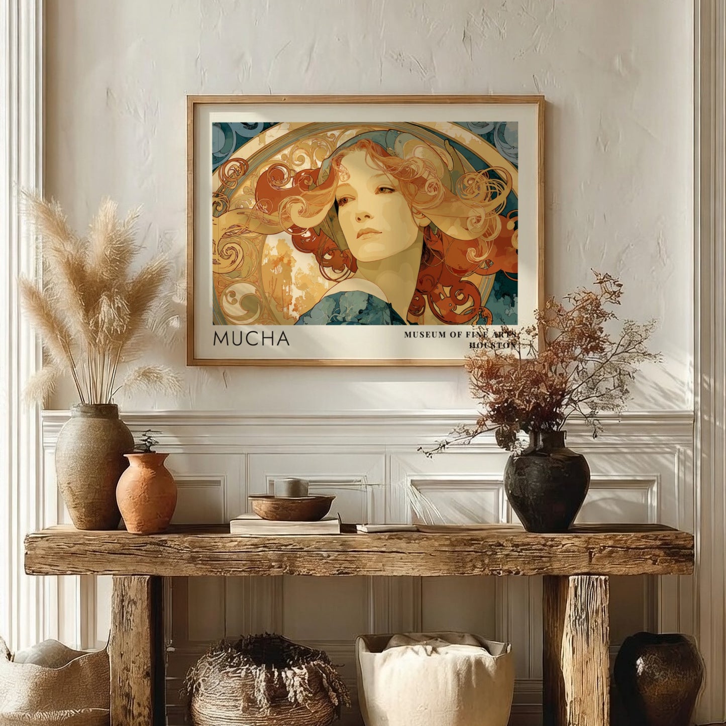 Wall art poster featuring Alphonse Mucha Princesse Hyacinthe portrait in warm amber tones