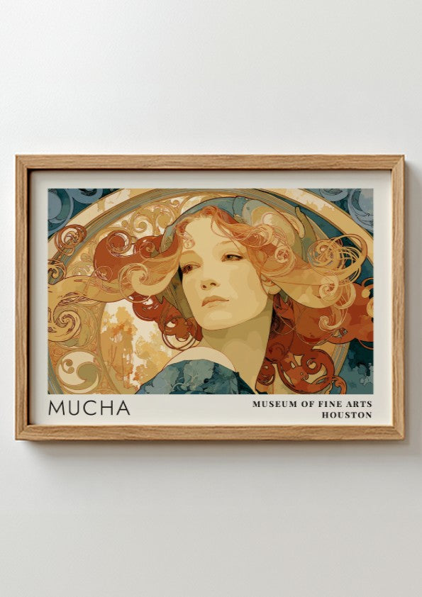 Wall art poster featuring Alphonse Mucha Princesse Hyacinthe portrait in warm amber tones