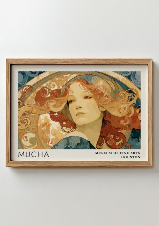 Wall art poster featuring Alphonse Mucha Princesse Hyacinthe portrait in warm amber tones
