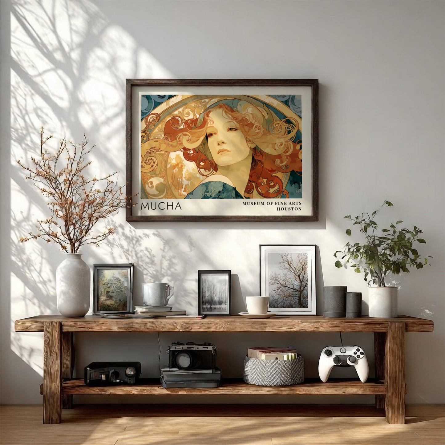 Wall art poster featuring Alphonse Mucha Princesse Hyacinthe portrait in warm amber tones