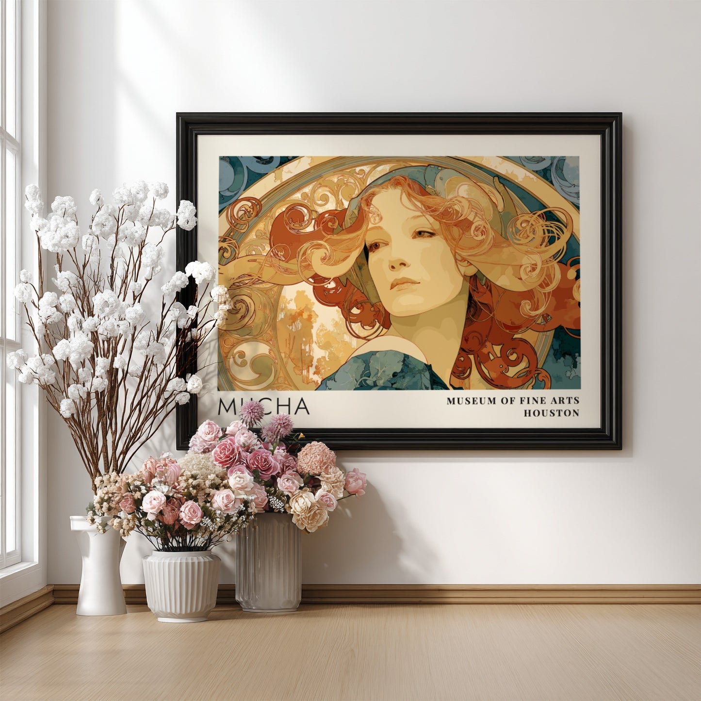 Wall art poster featuring Alphonse Mucha Princesse Hyacinthe portrait in warm amber tones