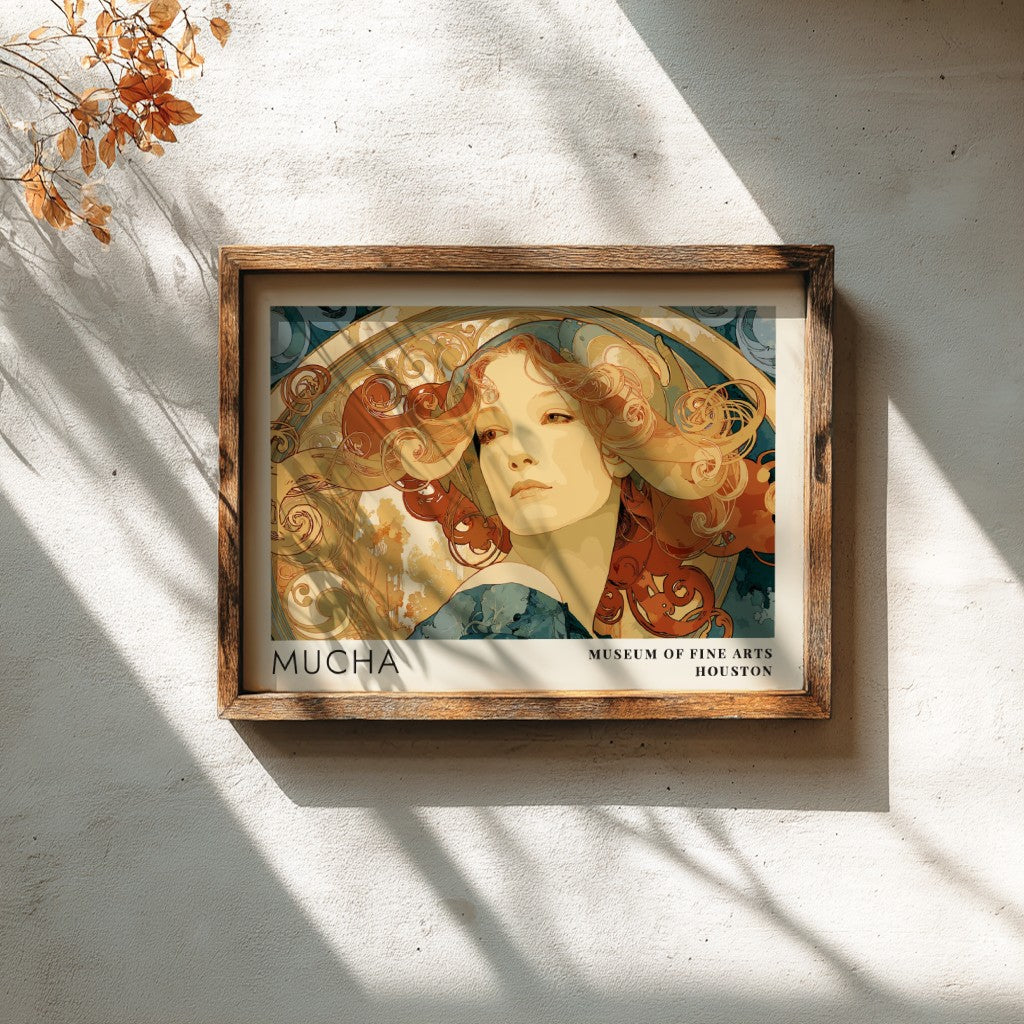 Wall art poster featuring Alphonse Mucha Princesse Hyacinthe portrait in warm amber tones