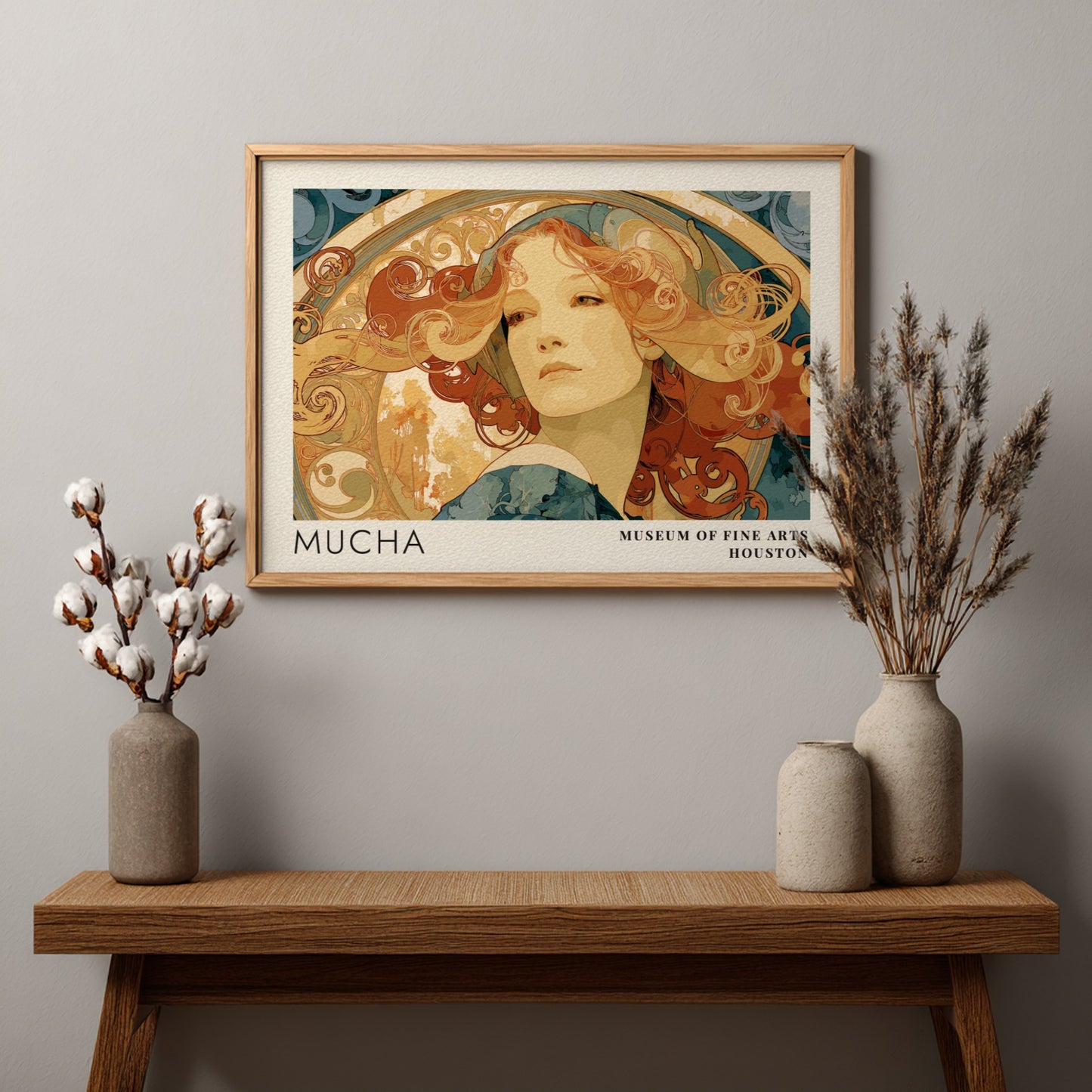 Wall art poster featuring Alphonse Mucha Princesse Hyacinthe portrait in warm amber tones