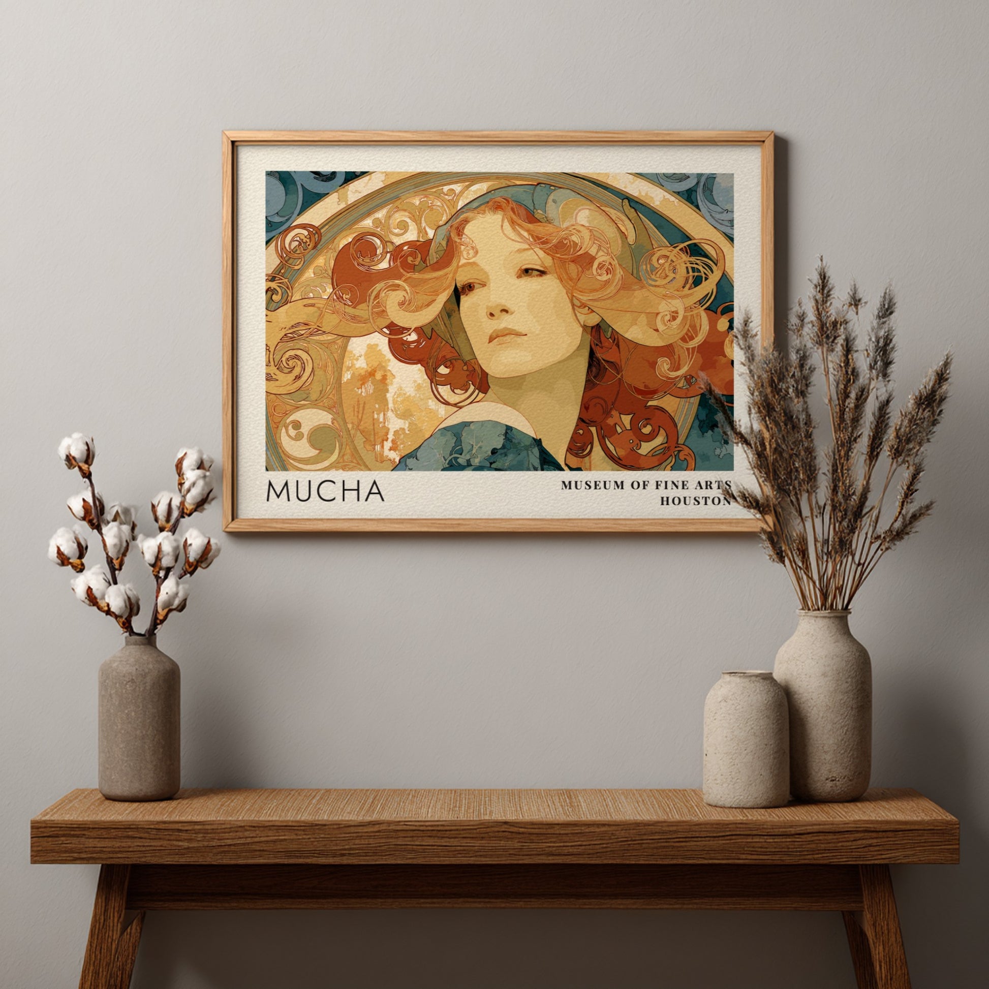 Wall art poster featuring Alphonse Mucha Princesse Hyacinthe portrait in warm amber tones