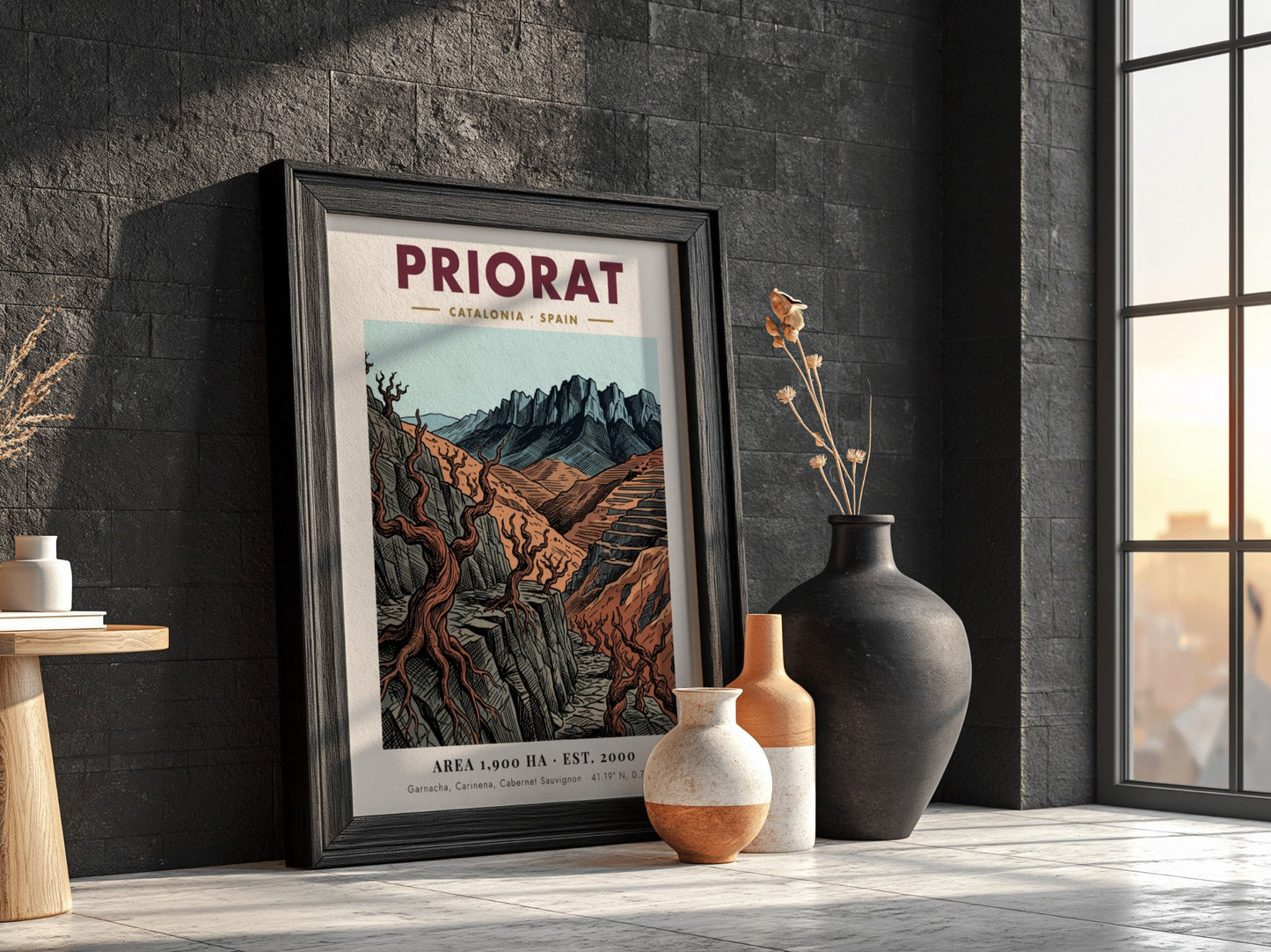 Poster of Priorat Catalonia Spain with jagged mountains and twisted vines in earth tones.