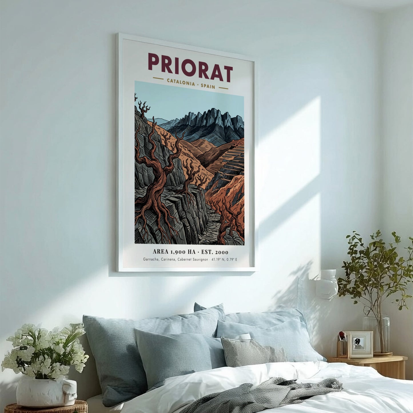 Poster of Priorat Catalonia Spain with jagged mountains and twisted vines in earth tones.
