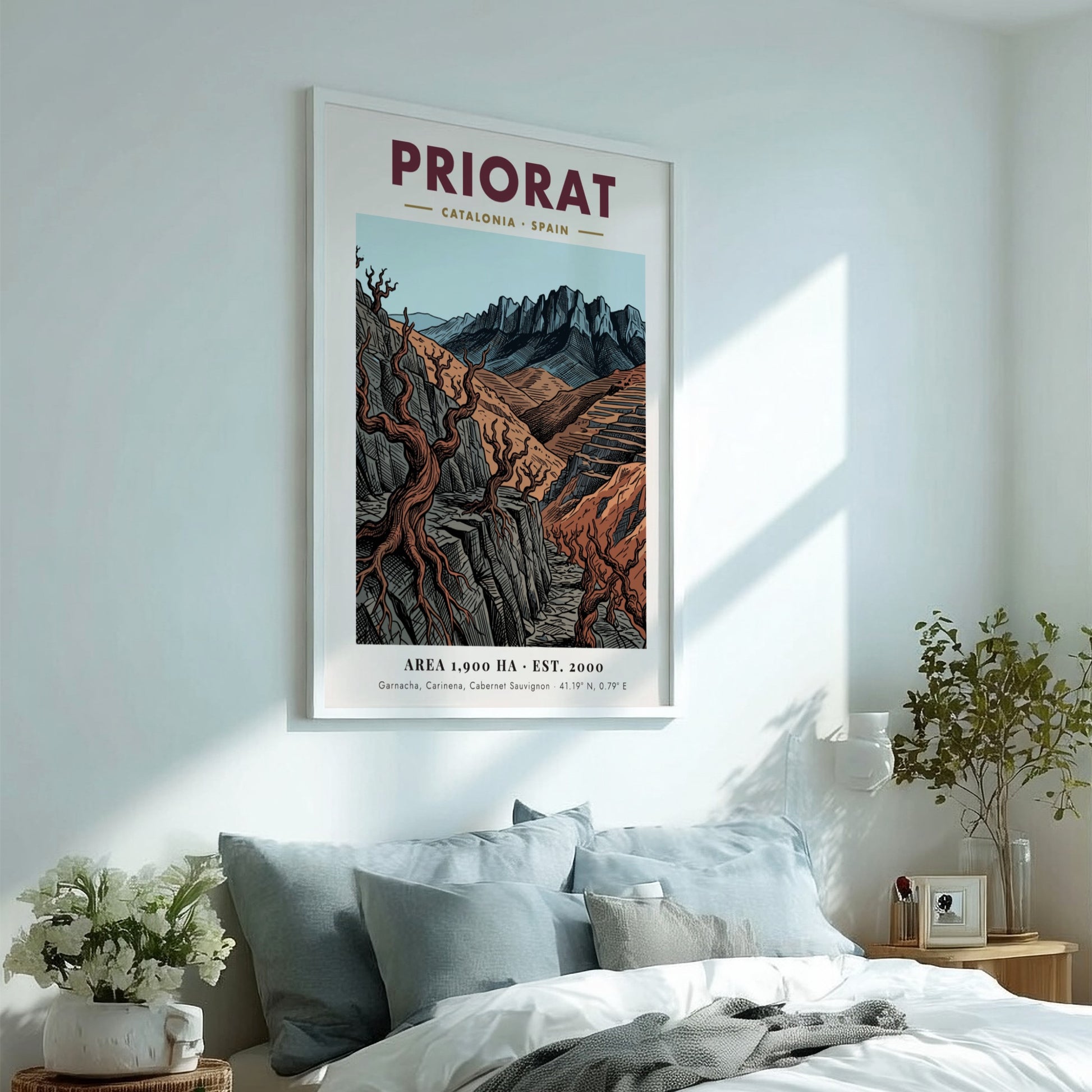 Poster of Priorat Catalonia Spain with jagged mountains and twisted vines in earth tones.