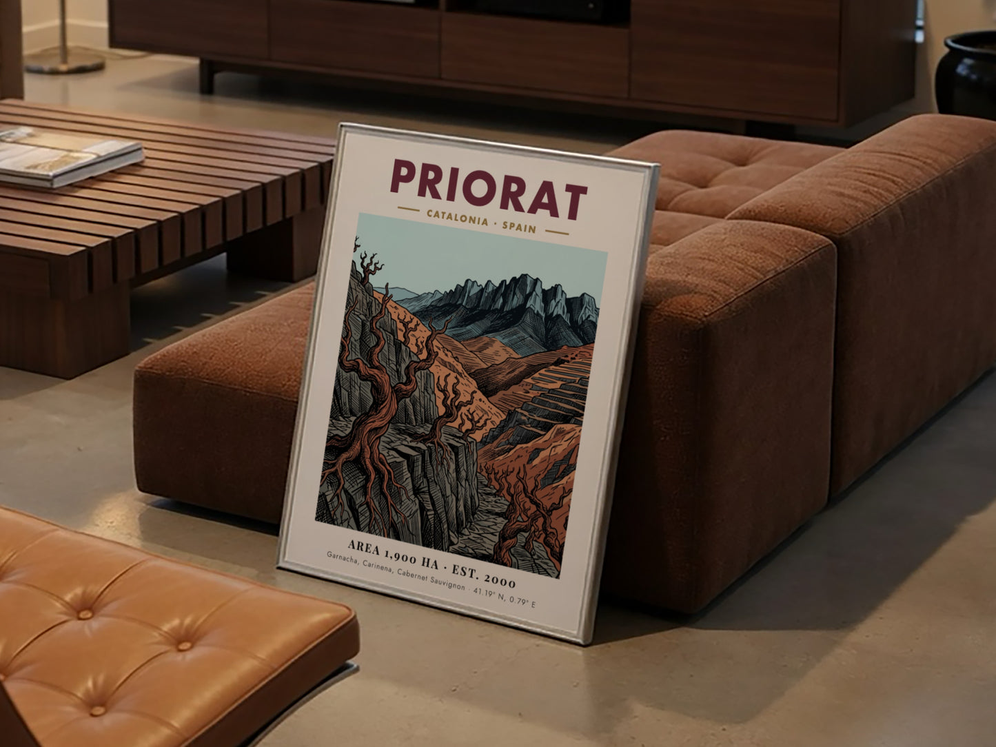 Poster of Priorat Catalonia Spain with jagged mountains and twisted vines in earth tones.