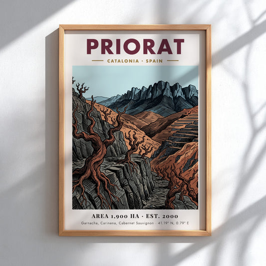 Poster of Priorat Catalonia Spain with jagged mountains and twisted vines in earth tones.
