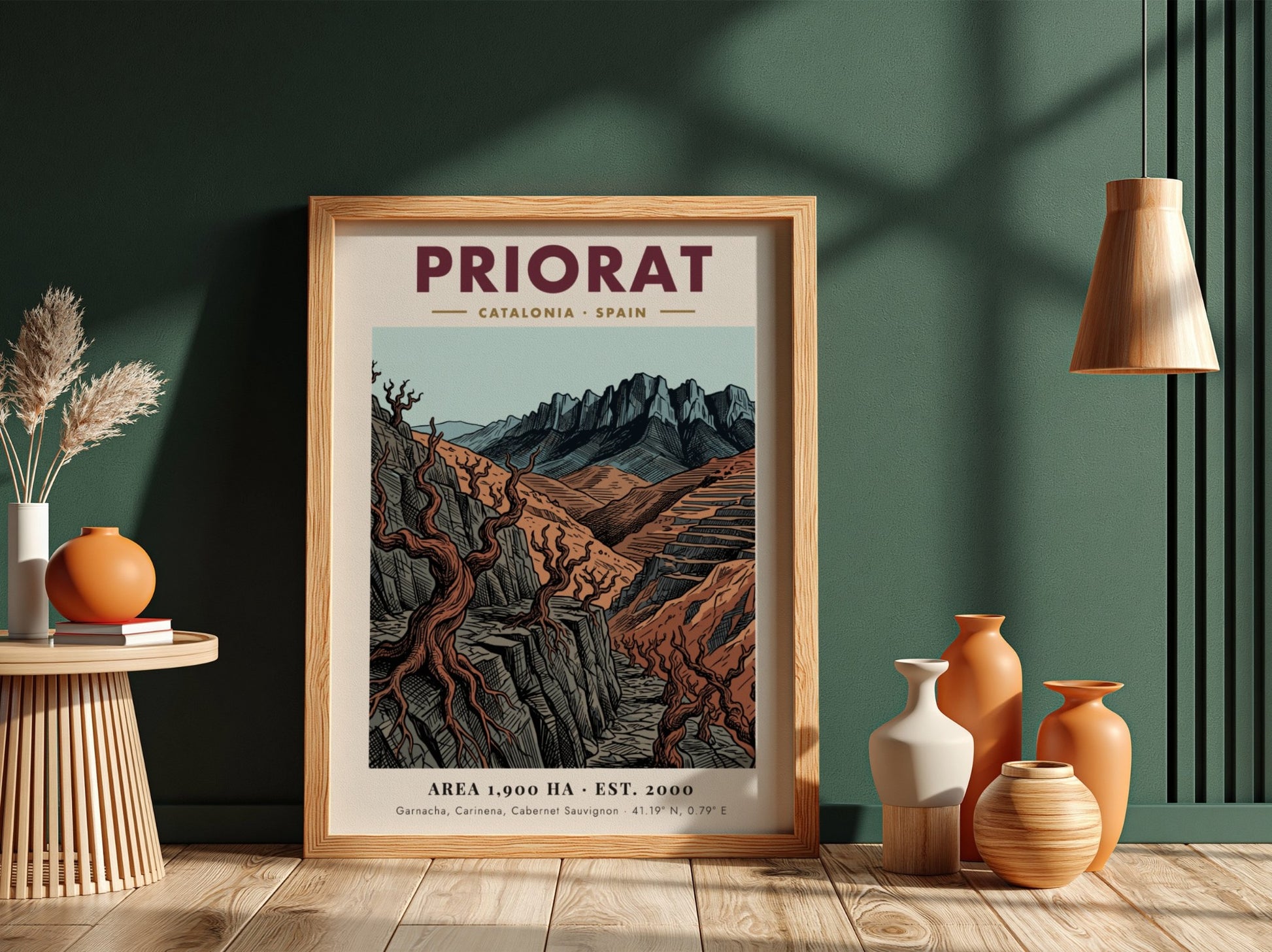 Poster of Priorat Catalonia Spain with jagged mountains and twisted vines in earth tones.