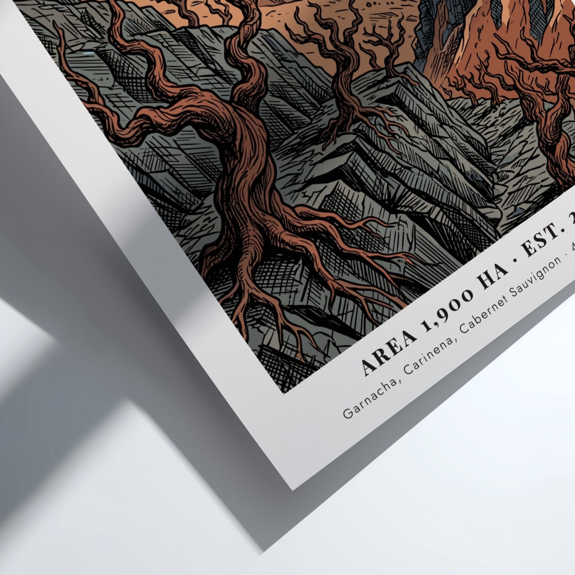 Poster of Priorat Catalonia Spain with jagged mountains and twisted vines in earth tones.