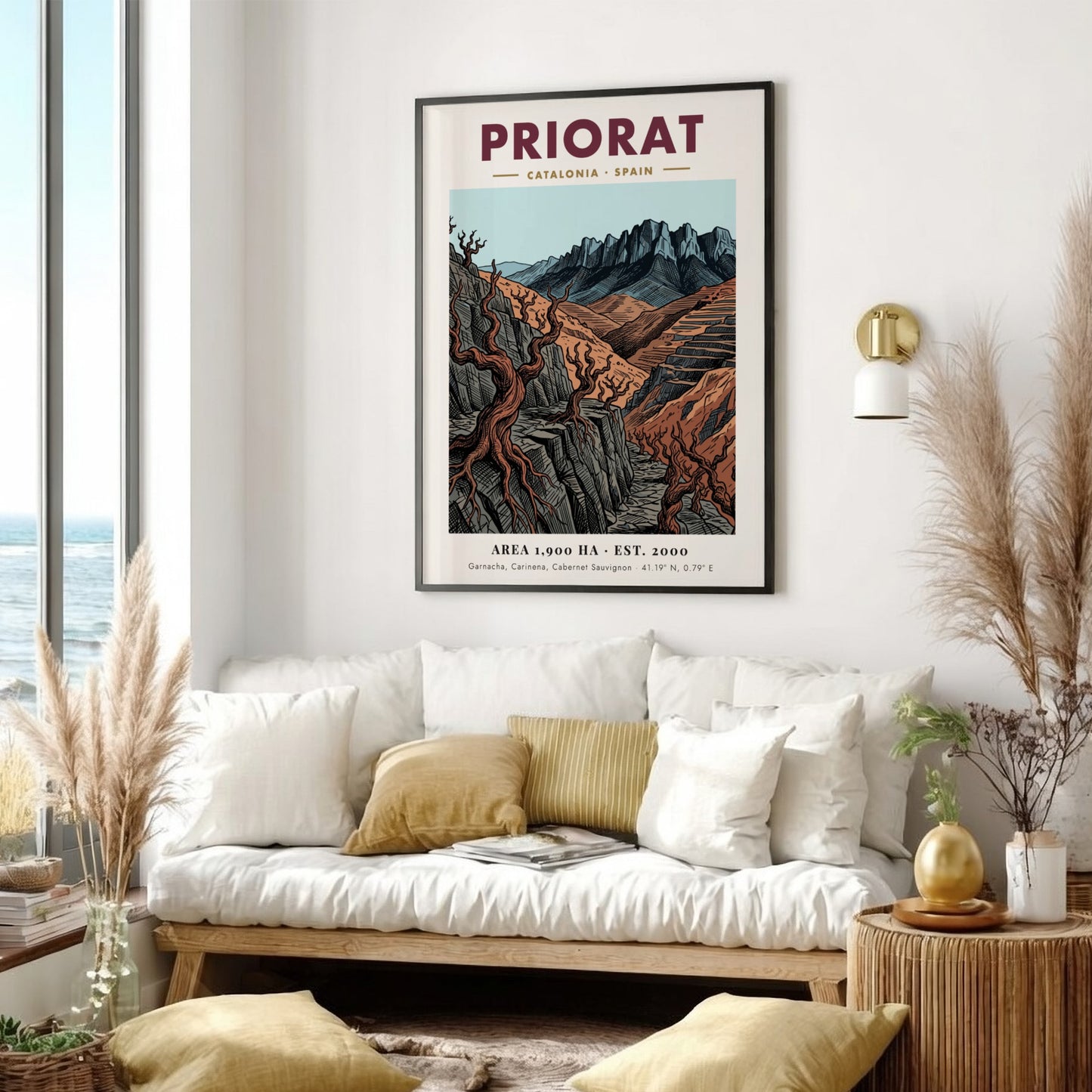 Poster of Priorat Catalonia Spain with jagged mountains and twisted vines in earth tones.
