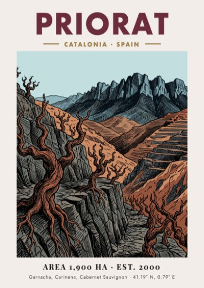 Poster of Priorat Catalonia Spain with jagged mountains and twisted vines in earth tones.