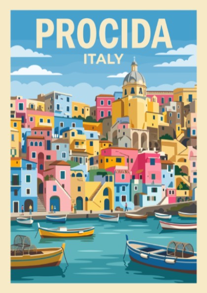 Poster of Procida Italy featuring colourful houses and fishing boats on blue water.