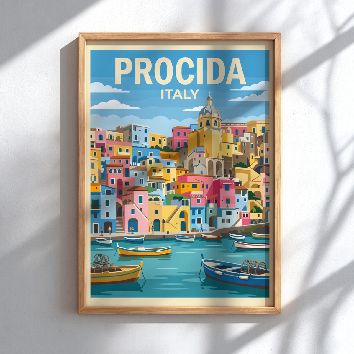 Poster of Procida Italy featuring colourful houses and fishing boats on blue water.