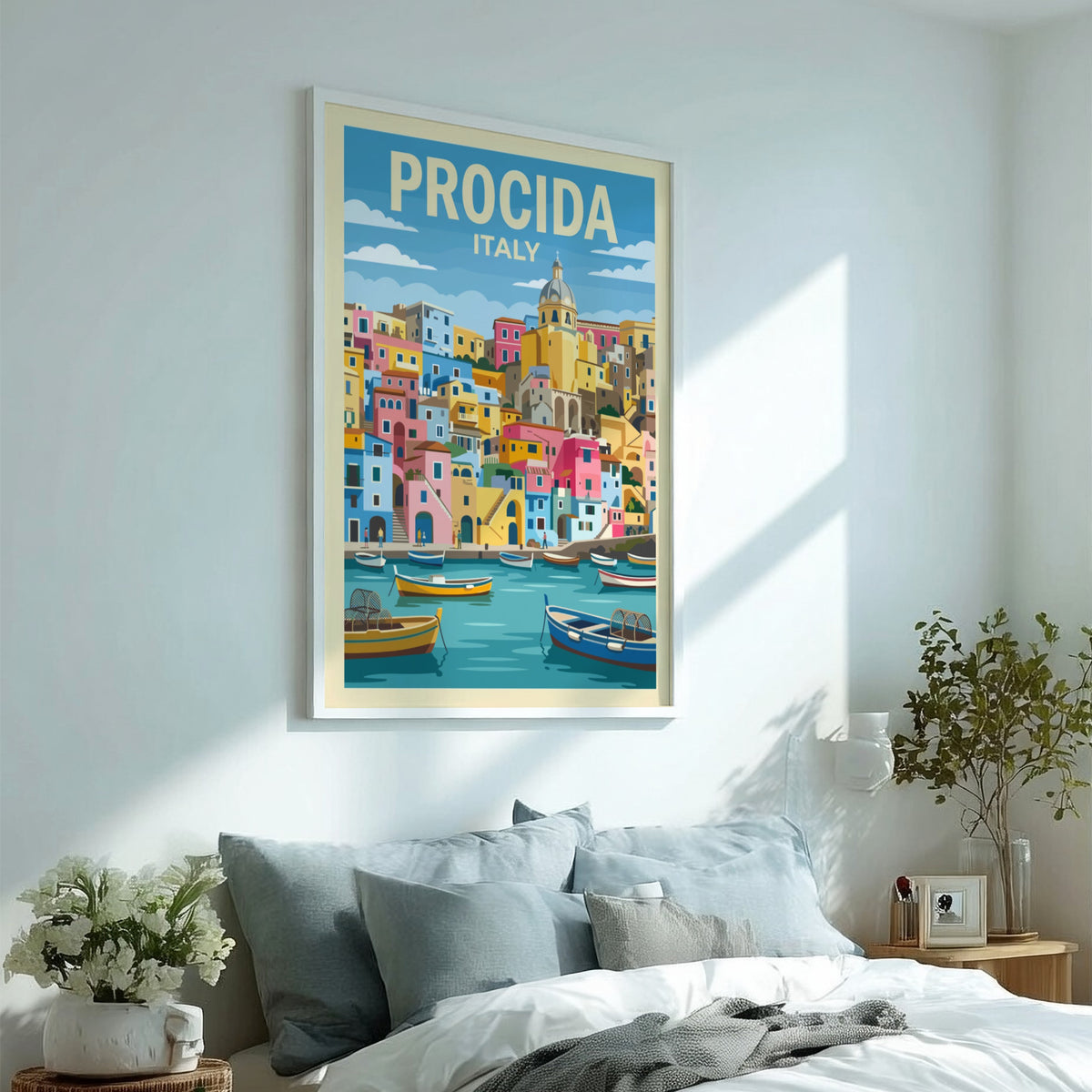 Poster of Procida Italy featuring colourful houses and fishing boats on blue water.