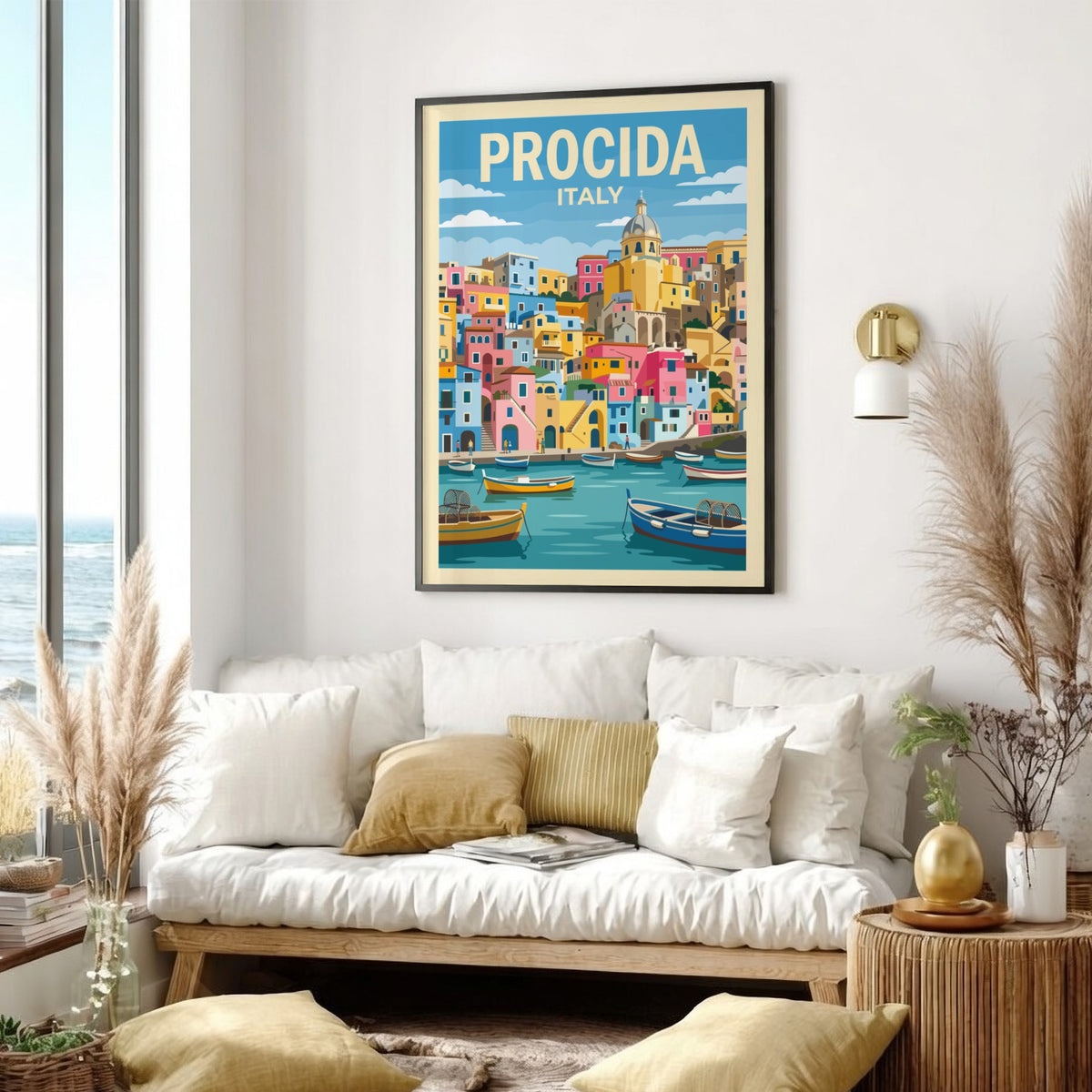 Poster of Procida Italy featuring colourful houses and fishing boats on blue water.