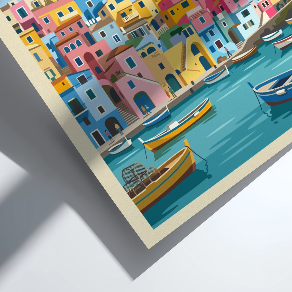 Poster of Procida Italy featuring colourful houses and fishing boats on blue water.