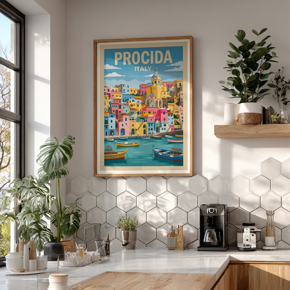 Poster of Procida Italy featuring colourful houses and fishing boats on blue water.