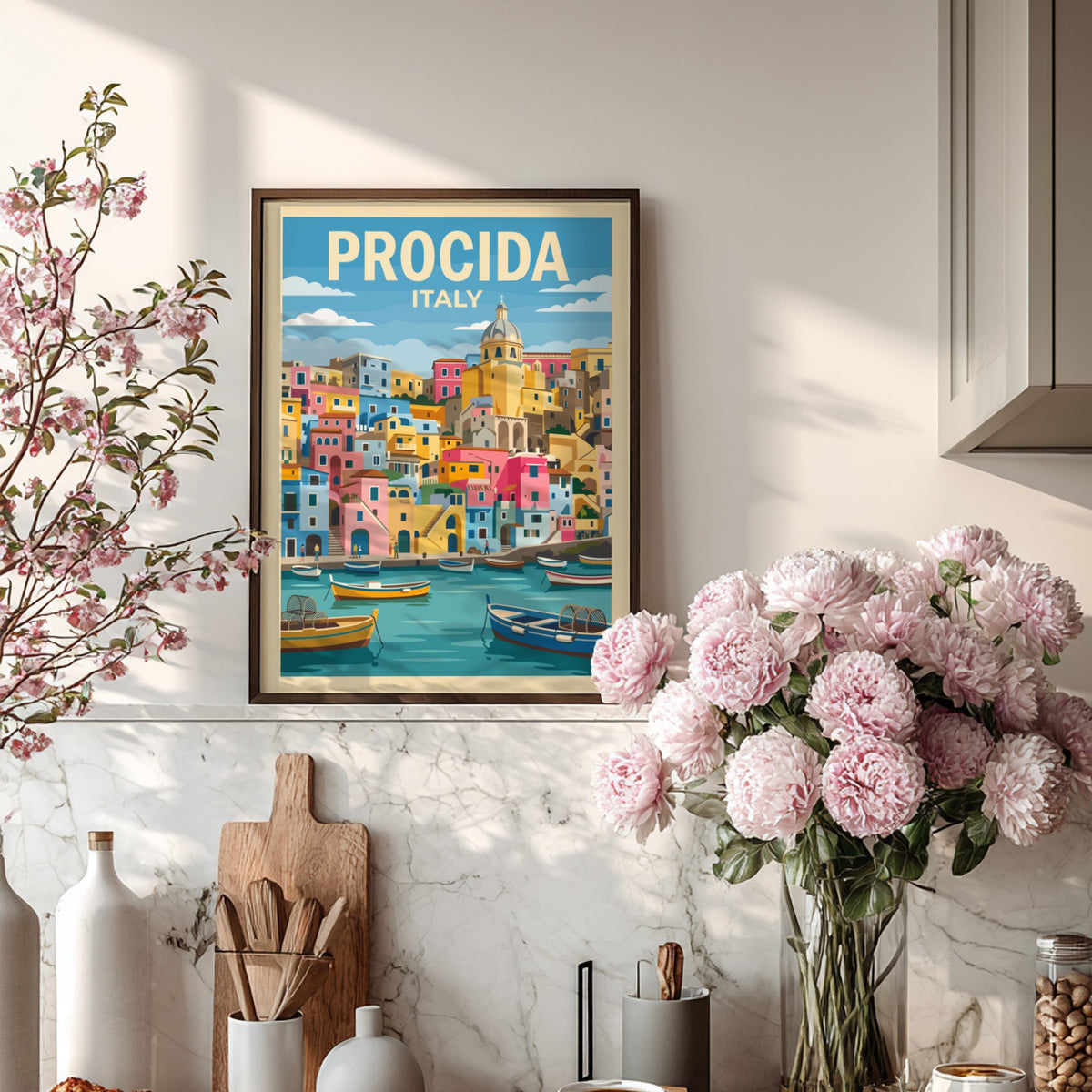 Poster of Procida Italy featuring colourful houses and fishing boats on blue water.