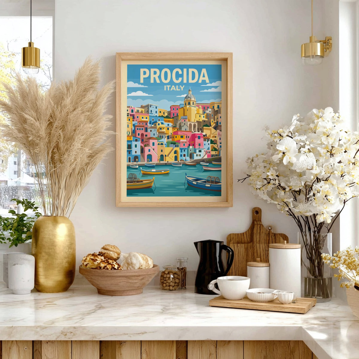 Poster of Procida Italy featuring colourful houses and fishing boats on blue water.