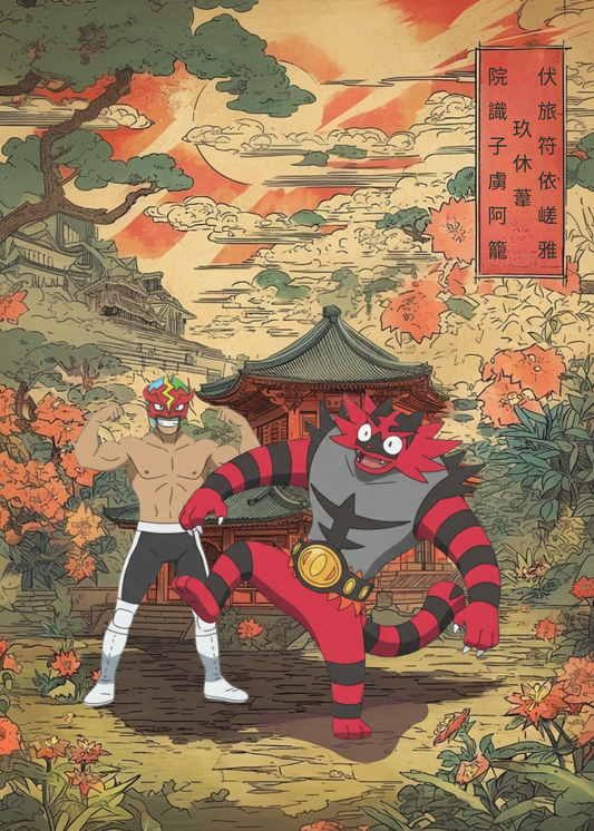 Professor Kukui and Incineroar Pokemon in a traditional Japanese setting with a temple and cherry blossoms.