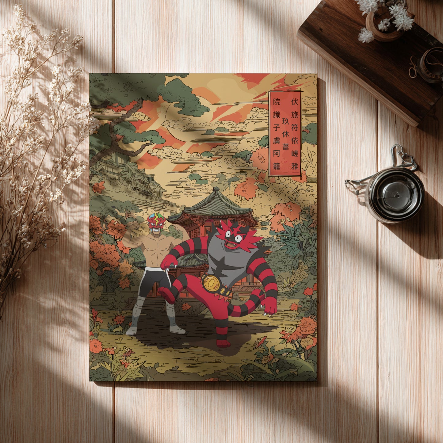 Canvas print with a stylized illustration of Professor Kukui and Incineroar Pokemon on a wooden surface.