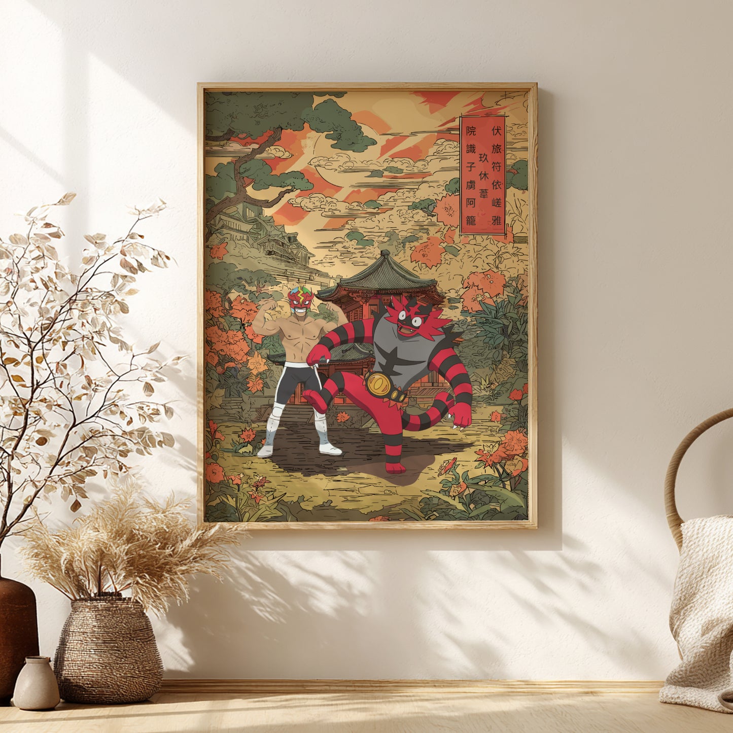 Framed artwork of a traditional Japanese design with Professor Kukui and Incineroar Pokemon, placed on a wall in a room with decorative elements.