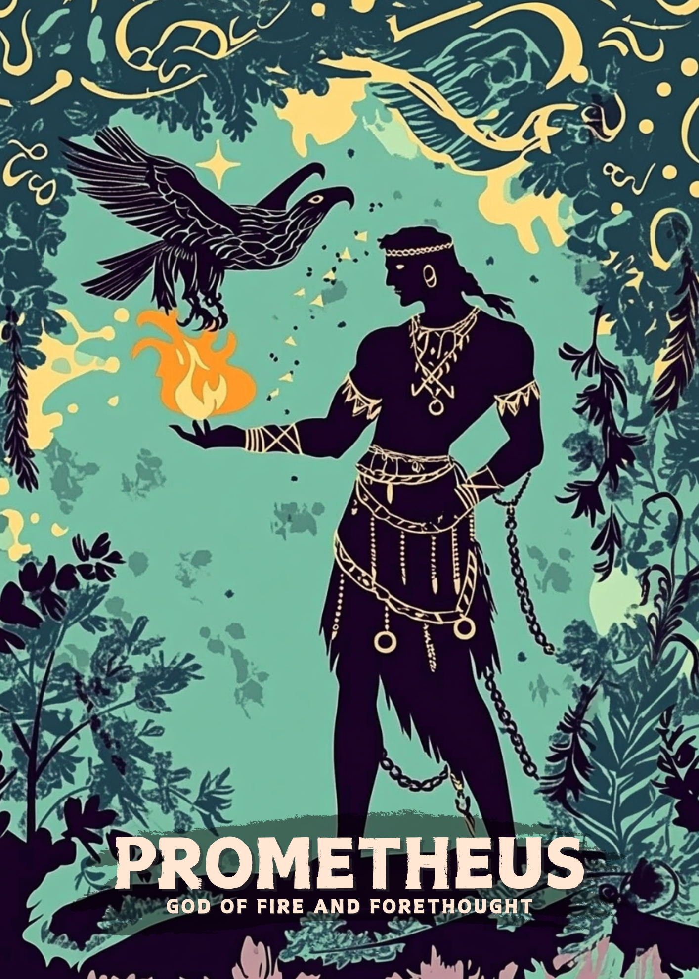 Illustration of Prometheus with a eagle and flames against a nature-themed background