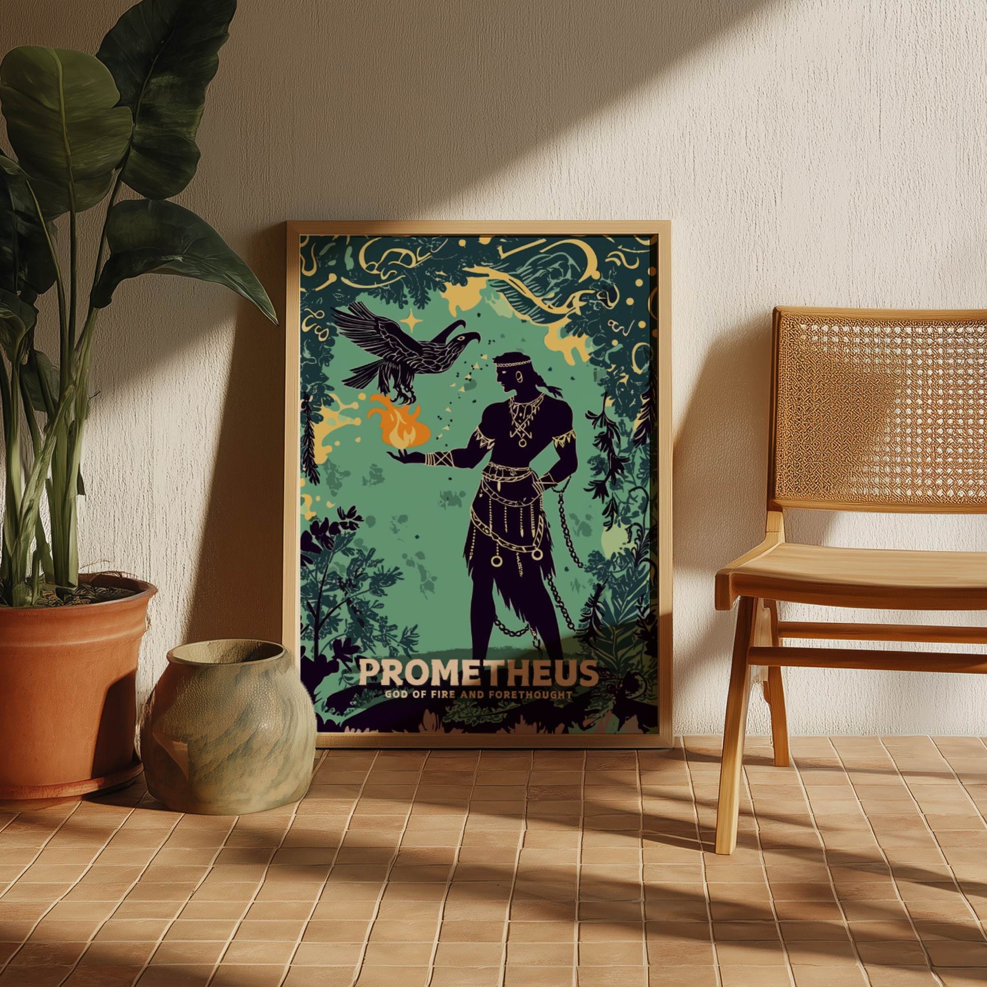 Framed artwork of Prometheus in a room with a plant and chair.