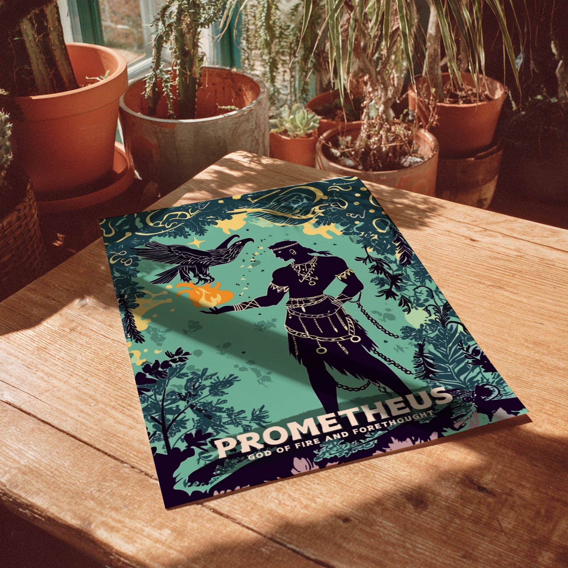 Prometheus book cover on a wooden table with plants in the background