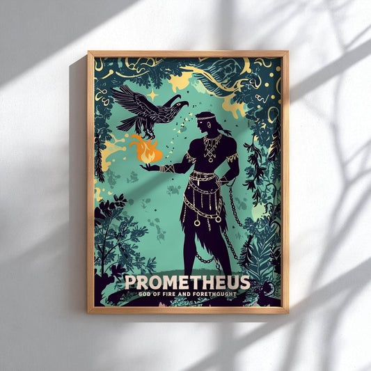 Framed artwork of Prometheus with an eagle and flames on a teal background