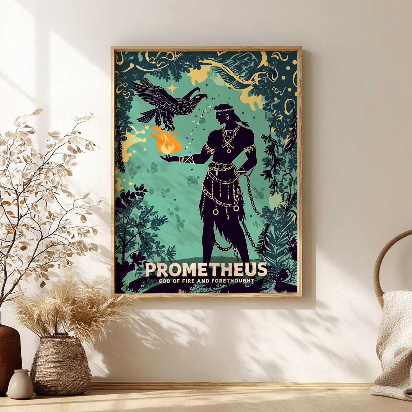 Framed artwork of Prometheus holding a flaming torch against a blue background, with decorative elements on a wall.