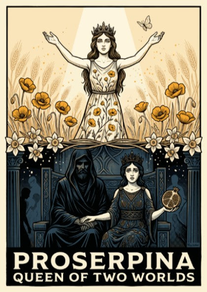Poster featuring Proserpina as queen of two worlds with wheat fields and Hades