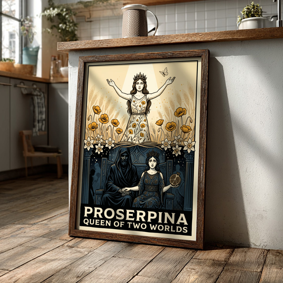 Poster featuring Proserpina as queen of two worlds with wheat fields and Hades