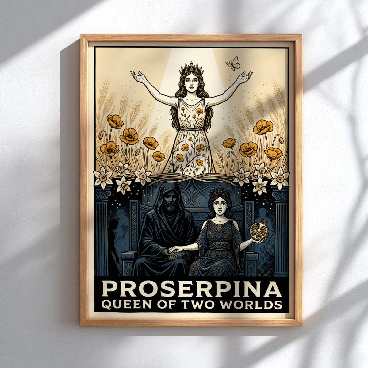 Poster featuring Proserpina as queen of two worlds with wheat fields and Hades