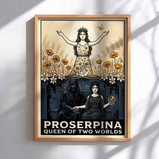Poster featuring Proserpina as queen of two worlds with wheat fields and Hades