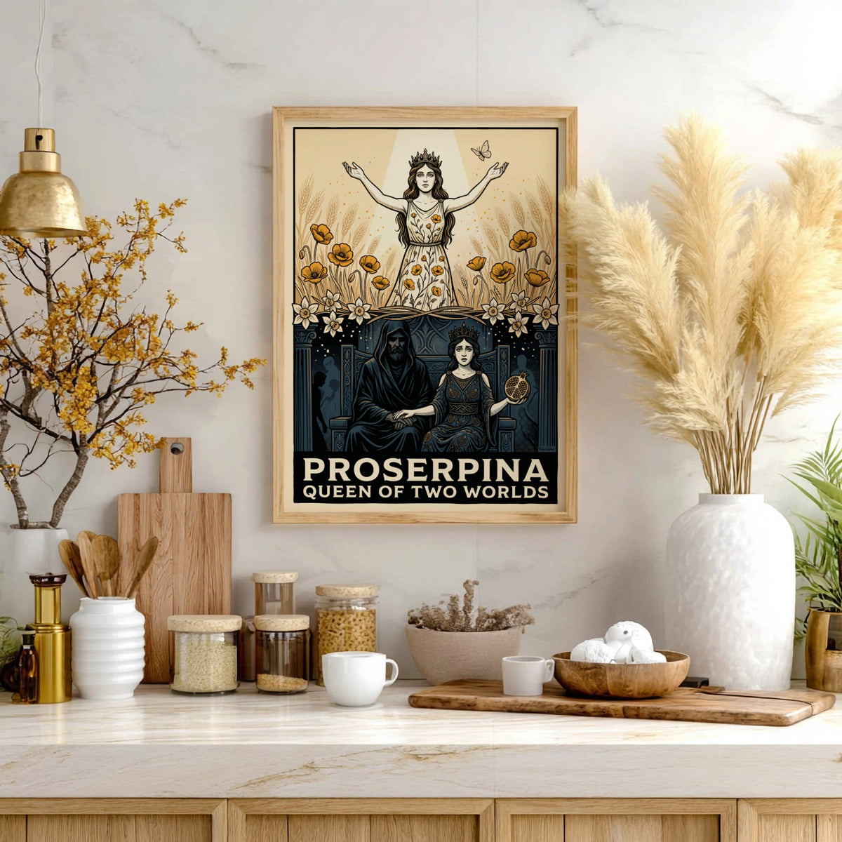 Poster featuring Proserpina as queen of two worlds with wheat fields and Hades