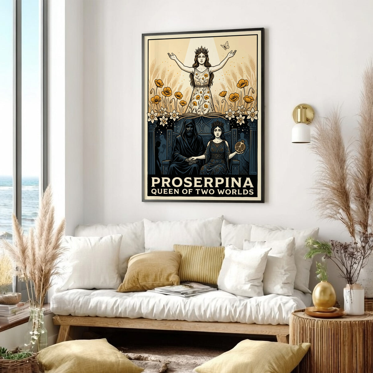 Poster featuring Proserpina as queen of two worlds with wheat fields and Hades