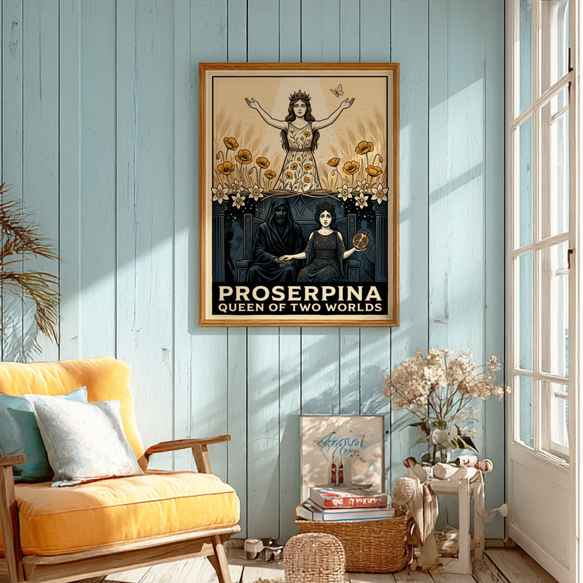 Poster featuring Proserpina as queen of two worlds with wheat fields and Hades