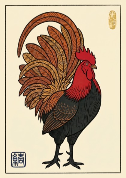 Japanese art style poster featuring a proud rooster with vibrant colors and intricate feather details