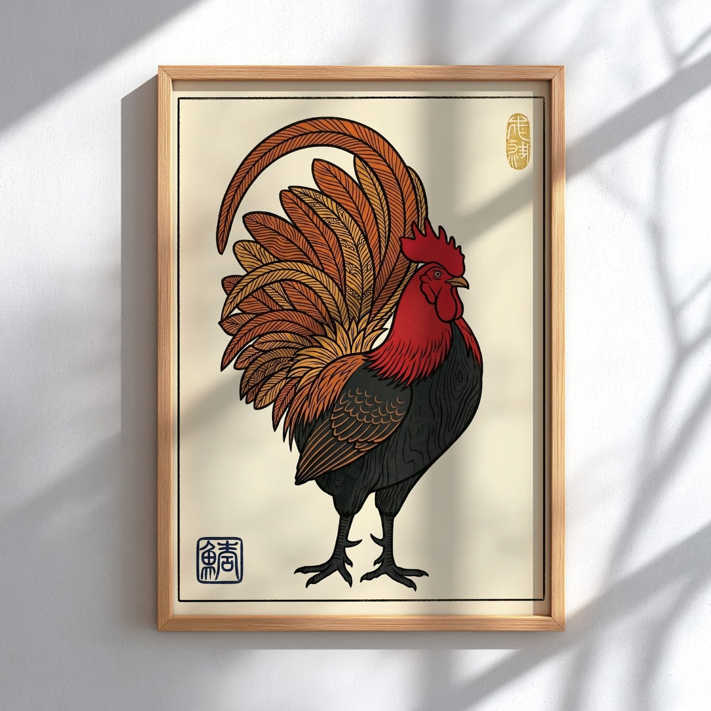 Japanese art style poster featuring a proud rooster with vibrant colors and intricate feather details