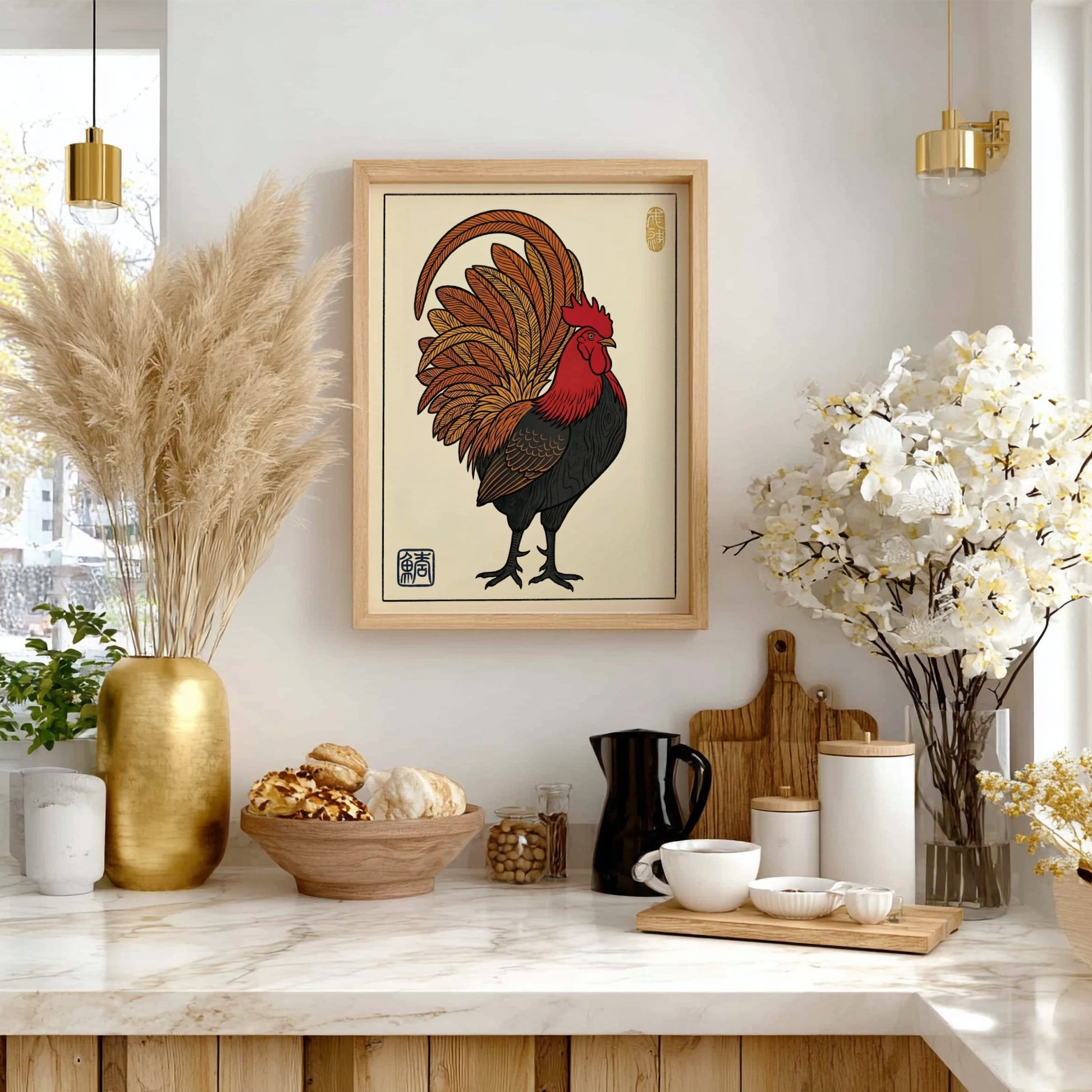 Japanese art style poster featuring a proud rooster with vibrant colors and intricate feather details