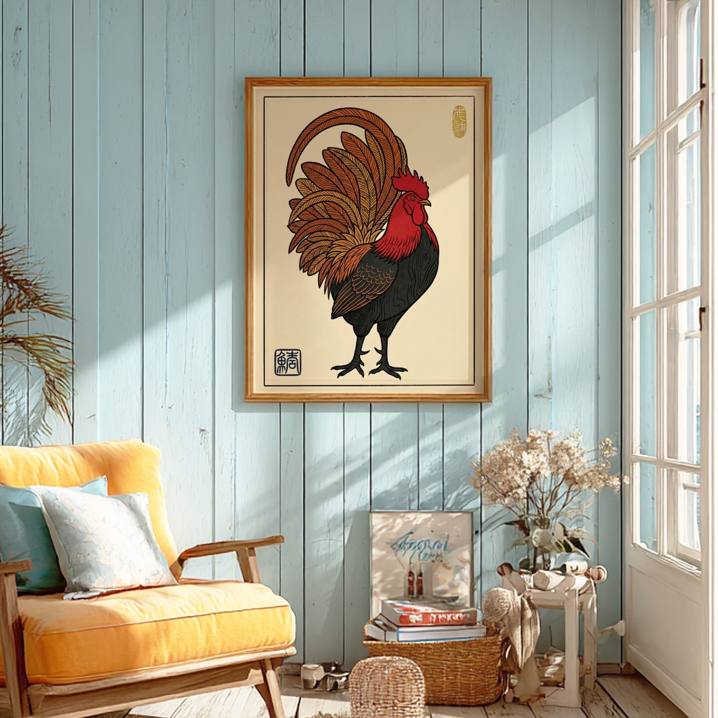 Japanese art style poster featuring a proud rooster with vibrant colors and intricate feather details
