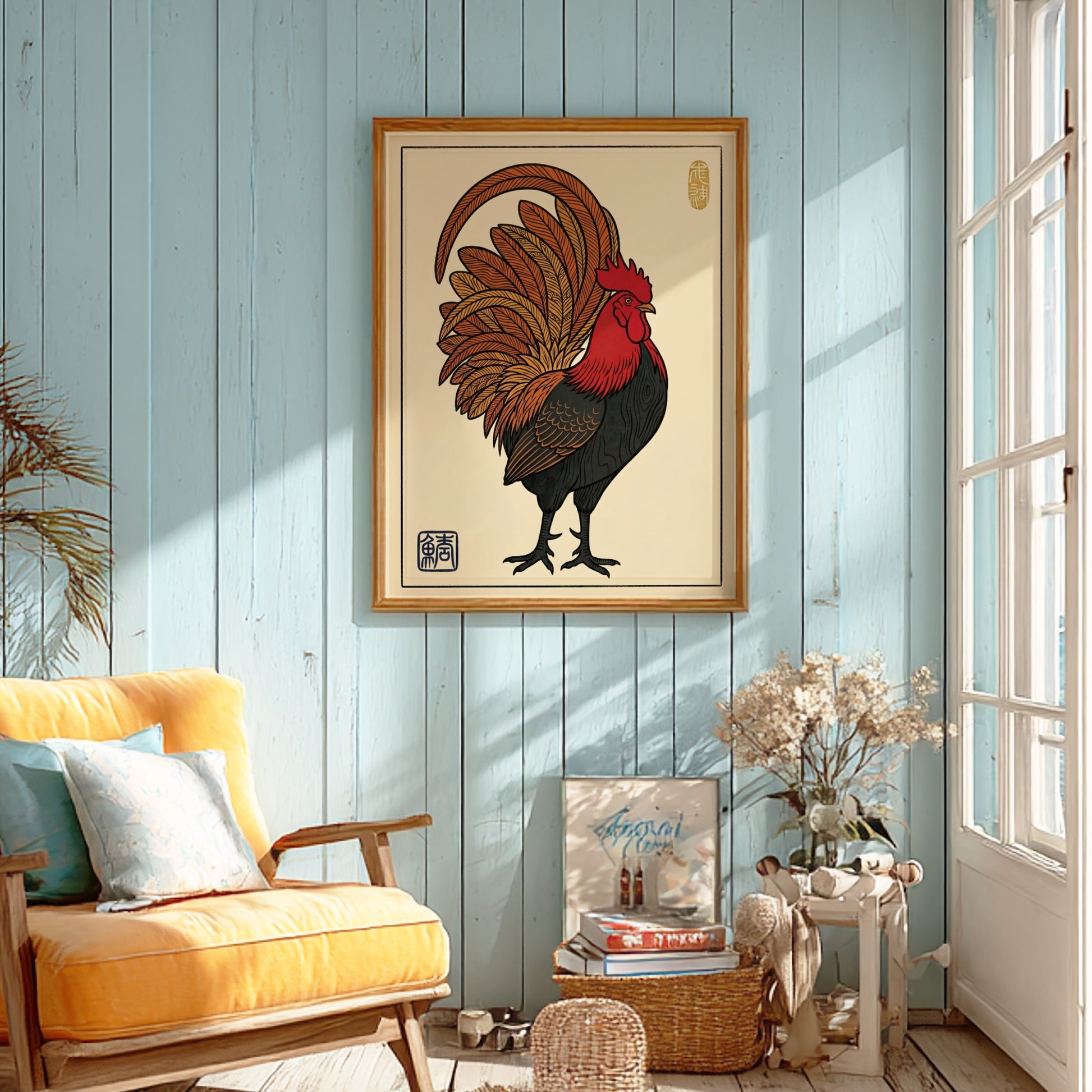 Japanese art style poster featuring a proud rooster with vibrant colors and intricate feather details