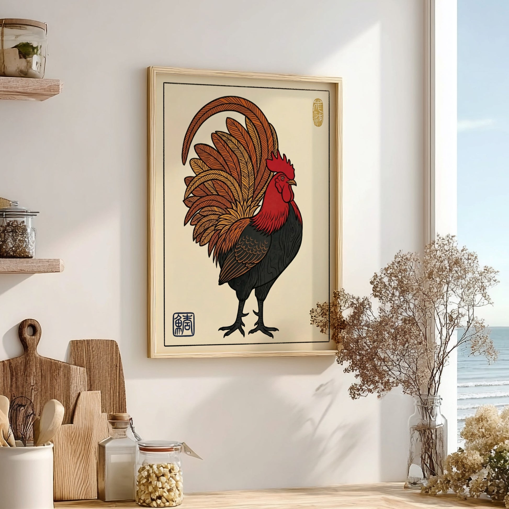 Japanese art style poster featuring a proud rooster with vibrant colors and intricate feather details